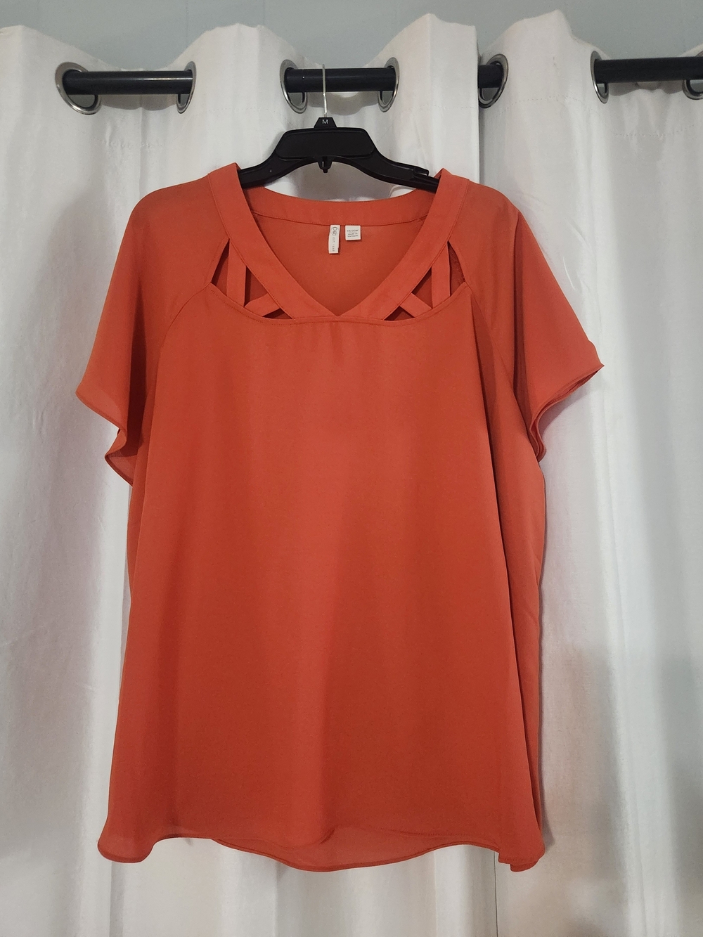 Cato Burnt Orange Short Sleeve Blouse with Lattice Neck Detail